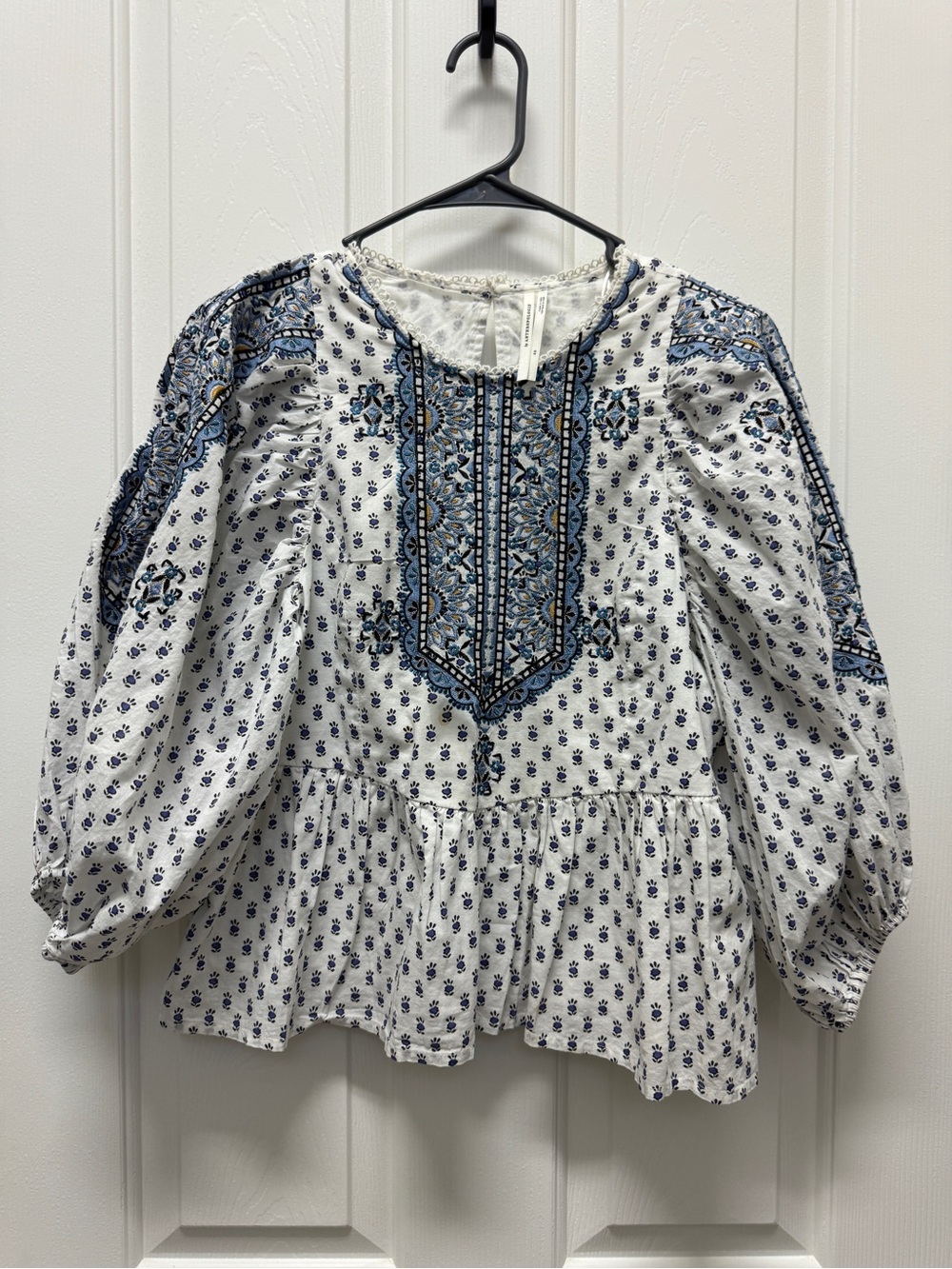 Anthropologie White Tunic Blouse with Blue Embroidery